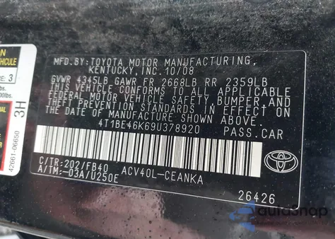 2009 Toyota Camry Se/Le/Xle from USA, damaged, VIN 4T1BE46K69U378920